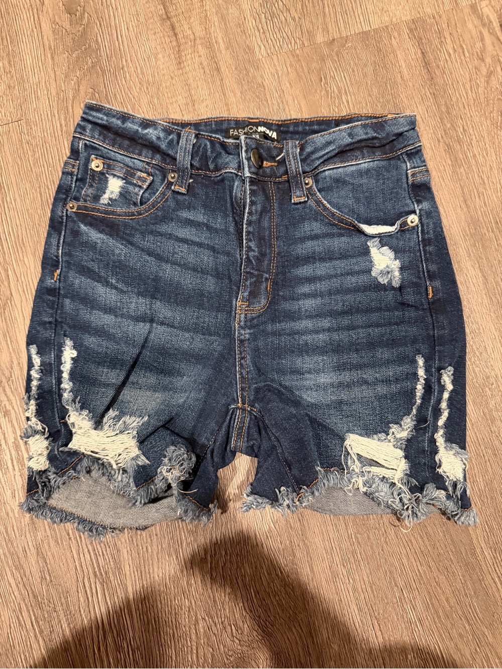 Fashion Nova Dark Blue Distressed Frayed Denim Shorts